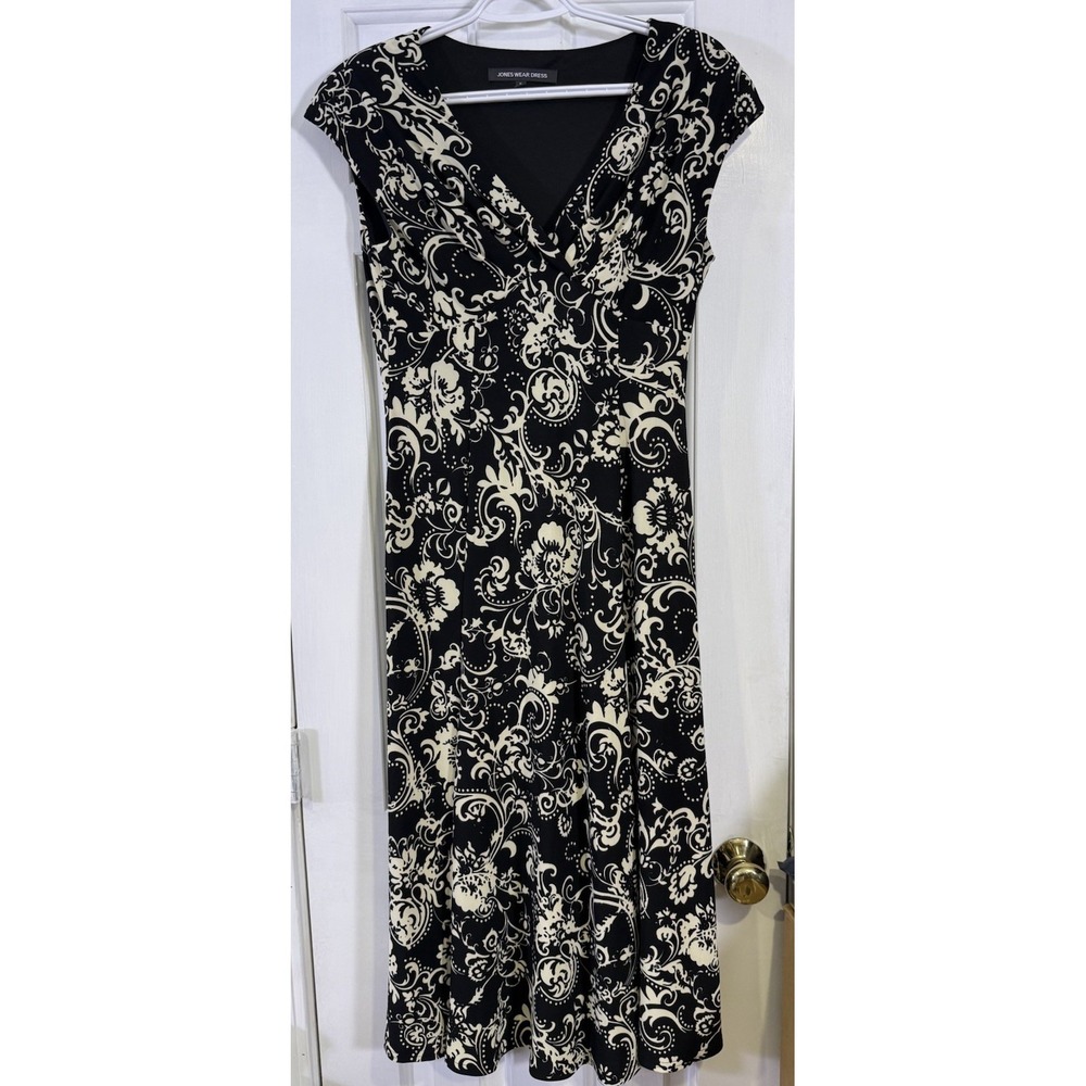 Jones Wear Dress Womens 6 Black Ivory Floral Midi Cap Sleeve Stretch Career